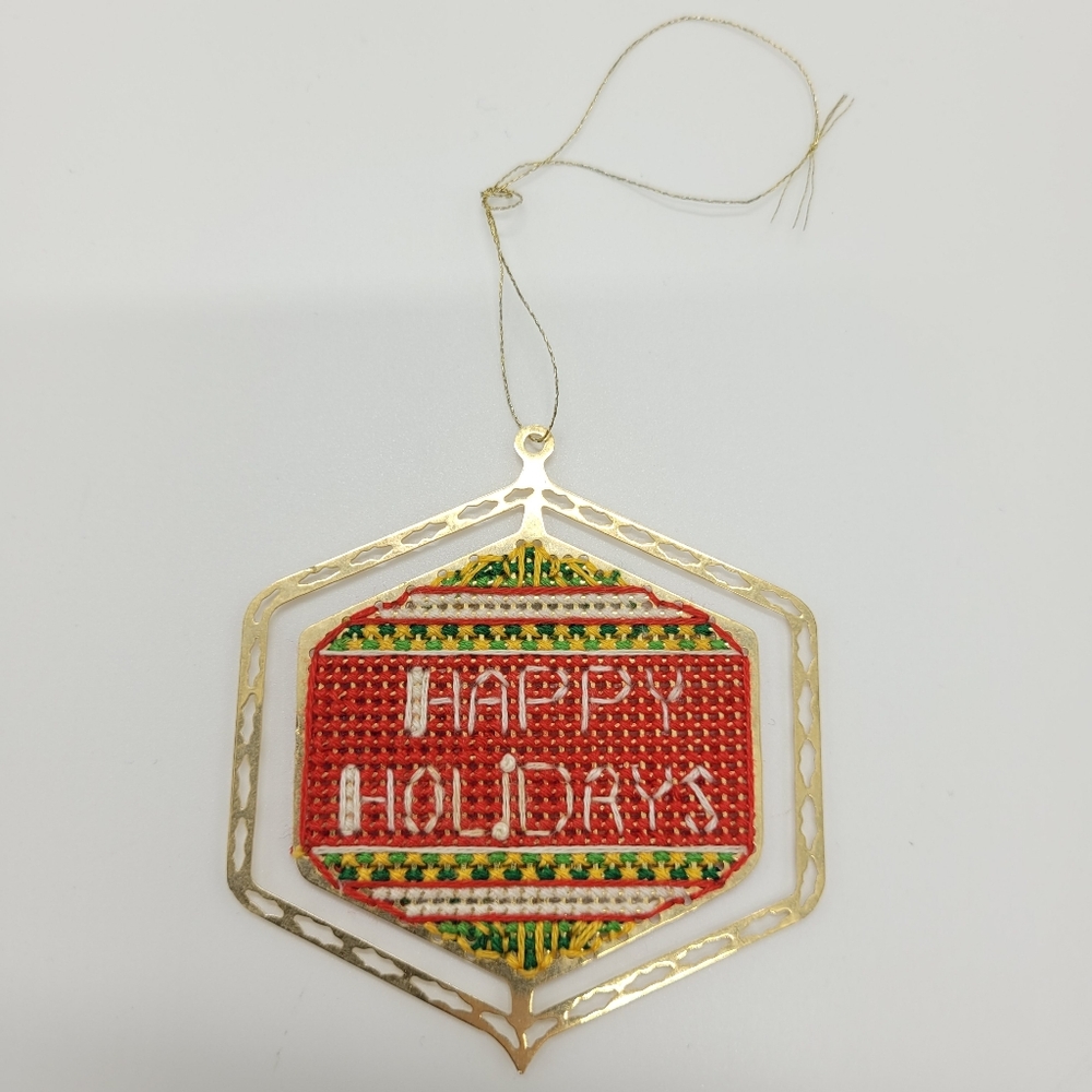 Vintage Cross Stitch Gold Tone Pressed Metal Holiday Ornament Retro Christmas